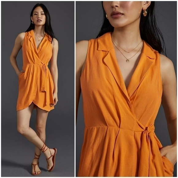 NWT Anthropologie Orange Linen Sleeveless Wrap Front Mini Dress - Picture 2 of 10
